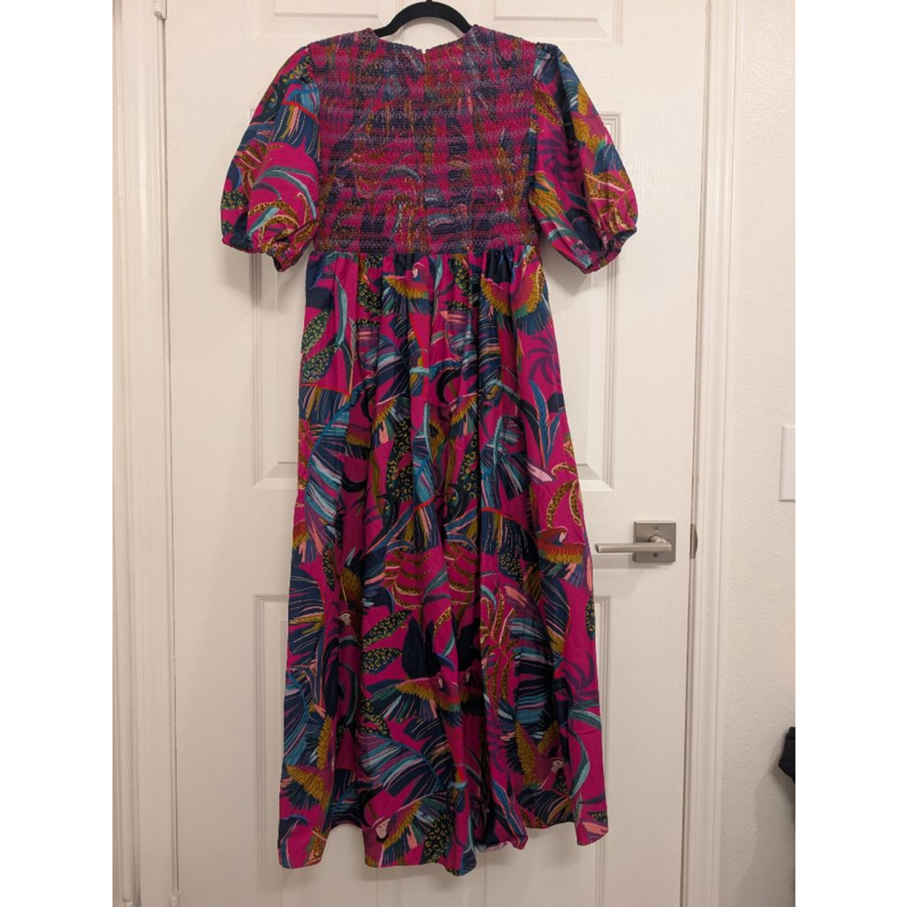 Farm Rio Rainbow Macaws Midi Dress Pink Blue Tropical Bird Print High Low Size S - Picture 7 of 9